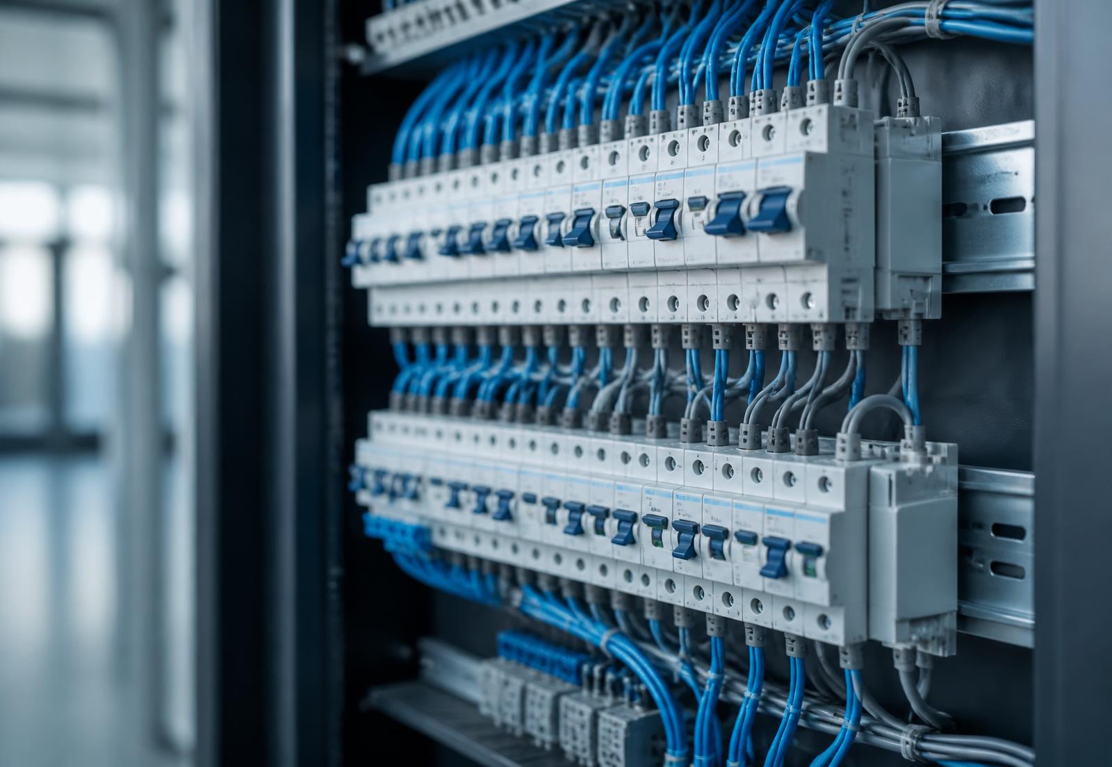 Quadro elettrico moderno con interruttori e cablaggi ordinati